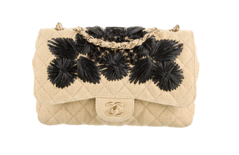 CHANEL JUMBO QUILTED LINEN STRAW RAFFIA FLORAL SHOULDER BAG - COLLECTORS ITEM