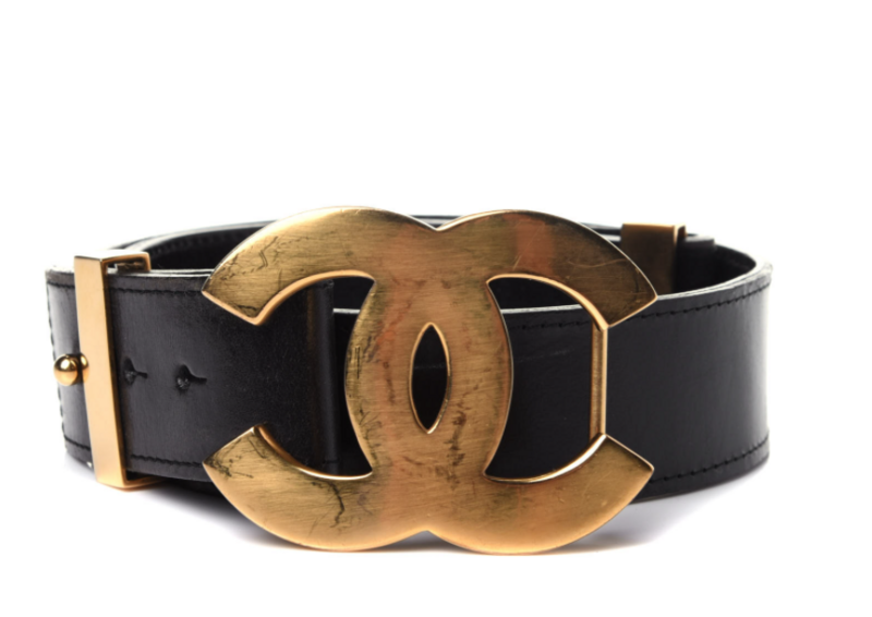 CHANEL VINTAGE 96A HUGE GOLD CC BLACK LEATHER WIDE BELT