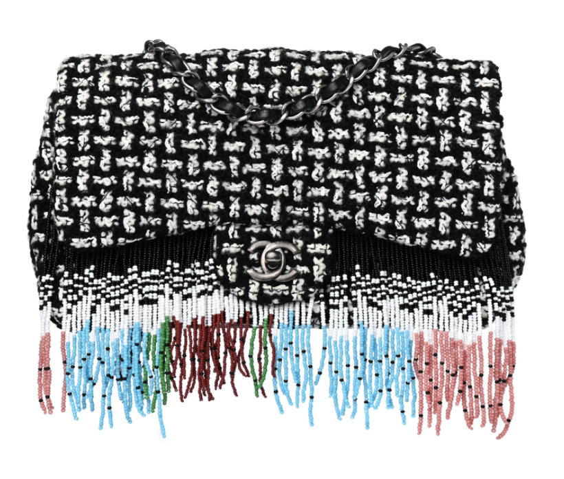 CHANEL PARIS DALLAS TWEED BEADED FRINGE MEDIUM FLAP SHOULDER BAG