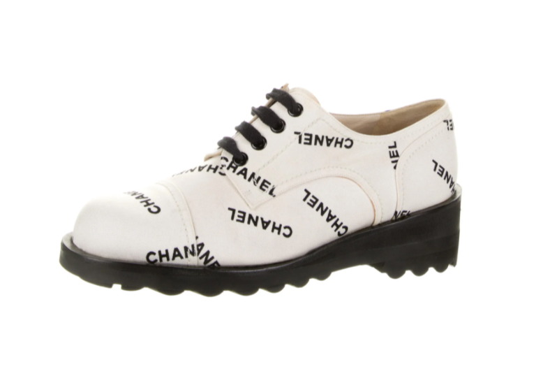 Vintage CHANEL Letters Logo Cap Toe Black Off White Sneakers, Moonstone  Vintage