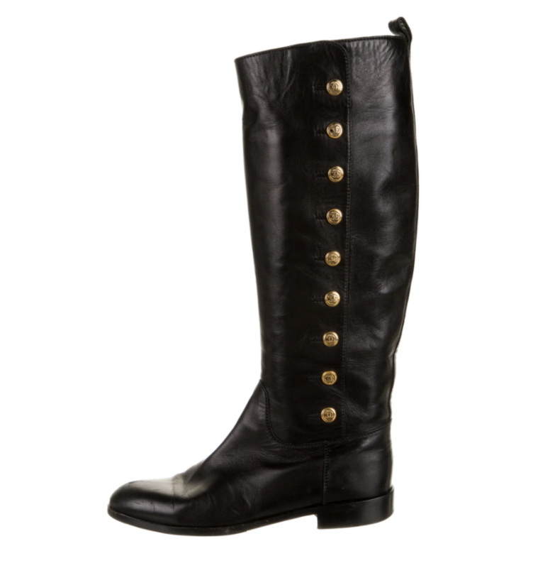 CHANEL VINTAGE CC BUTTON BLACK LEATHER RIDING BOOTS IT 39.5