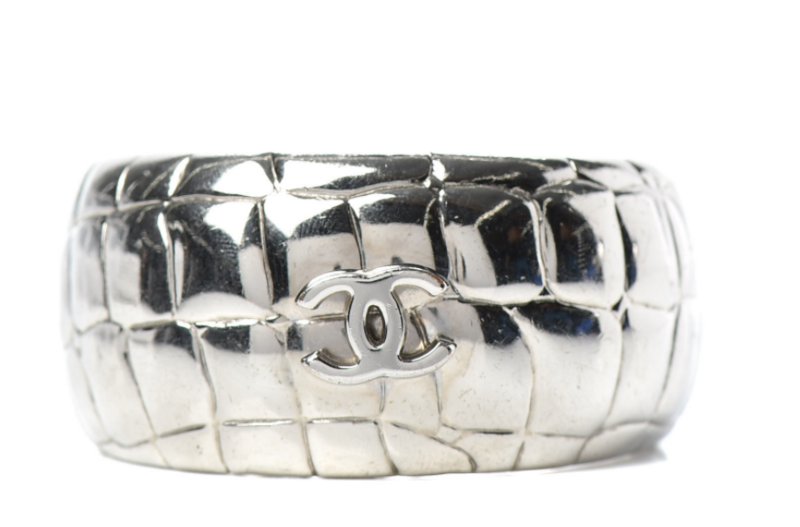CHANEL CC LOGO SILVER CROC EMBOSSED CUFF BANGLE BRACELET