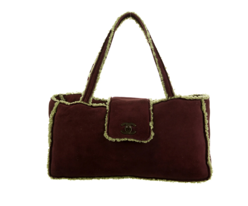 CHANEL CC TURNLOCK LOGO BROWN SUEDE LEATHER / GREEN SHEARLING TOP HANDLE BAG