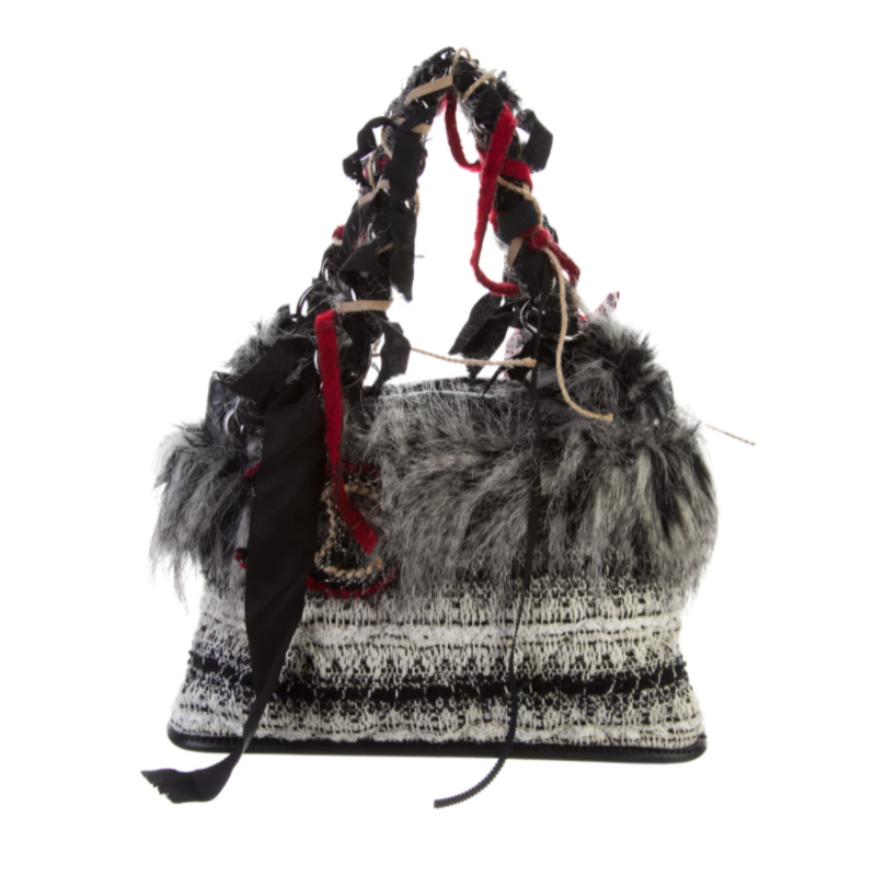 CHANEL CC GRAY BLACK TWEED / FANTASY FUR KNIT TOTE BAG