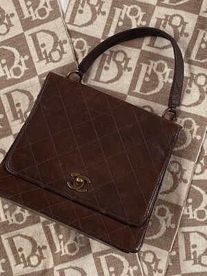Authentic Vintage CHANEL CC Turnlock Kelly Brown Leather Tote Bag Satchel Handbag Shoulder Purse