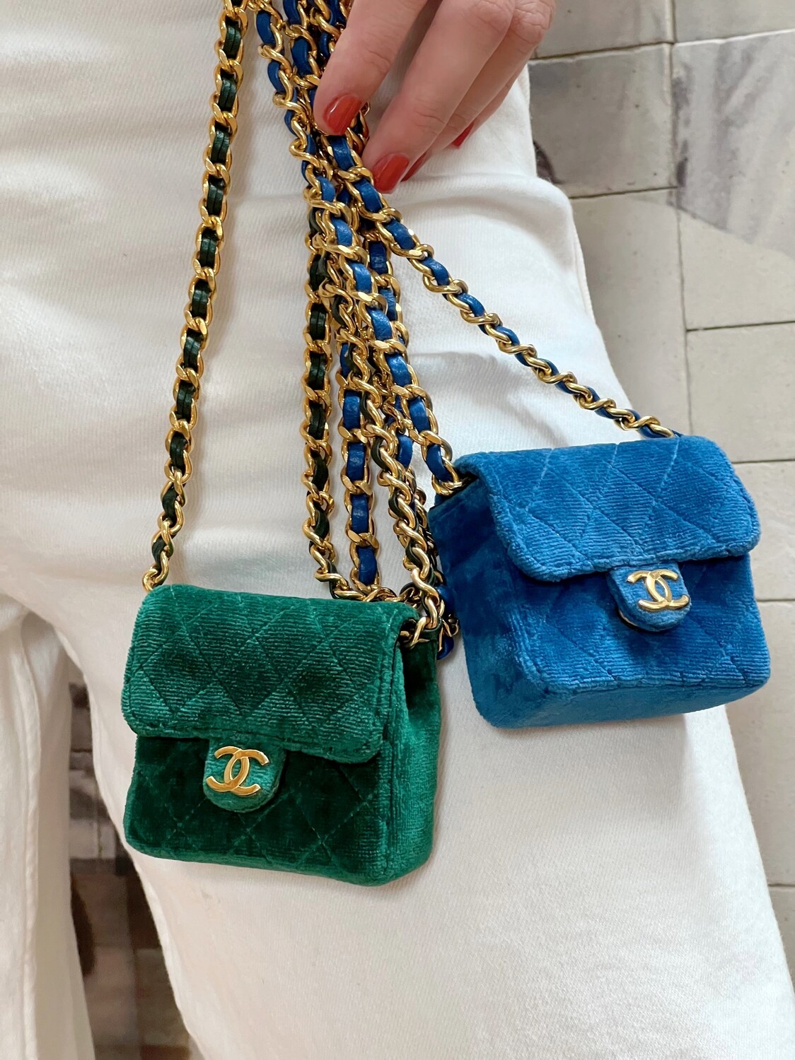 CHANEL VINTAGE GREEN VELVET MICRO MINI CROSSBODY CHAIN BAG