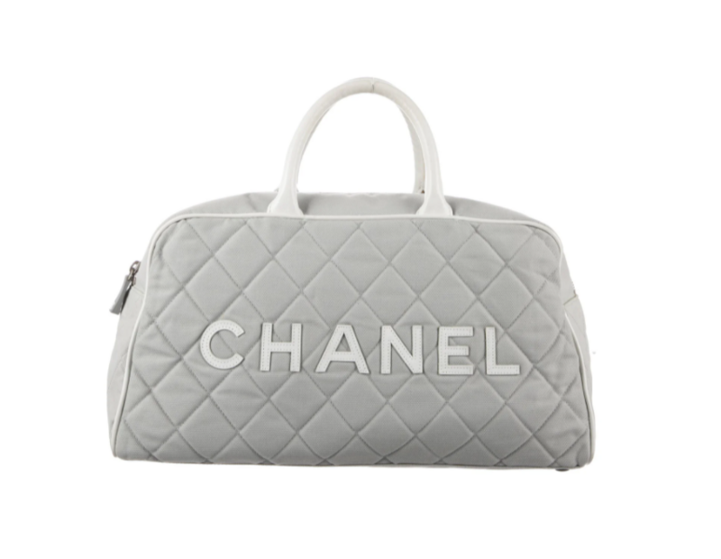 CHANEL VINTAGE GRAY QUILTED CANVAS / WHITE LEATHER BOWLER BAG