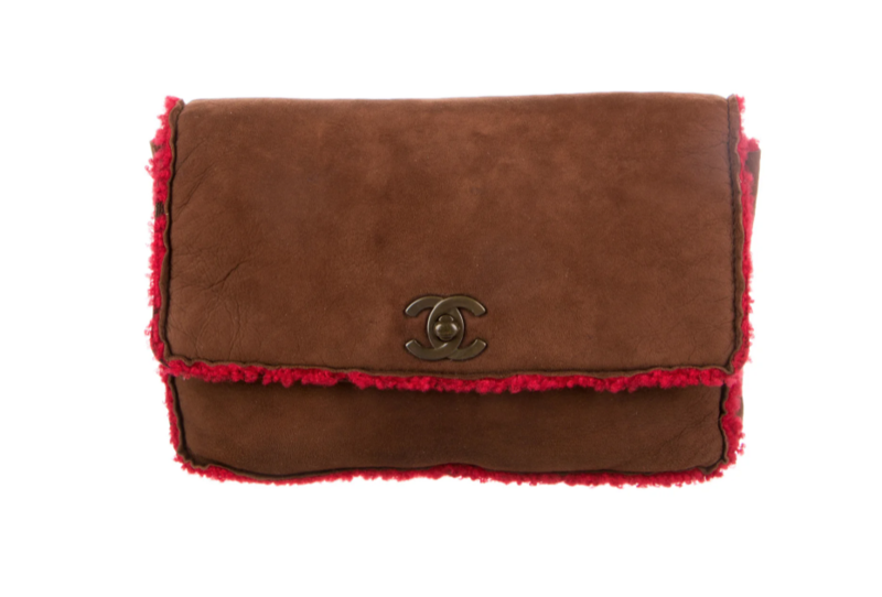 CHANEL CC TURNLOCK BROWN SUEDE LEATHER RED SHEARLING FLAP CLUTCH