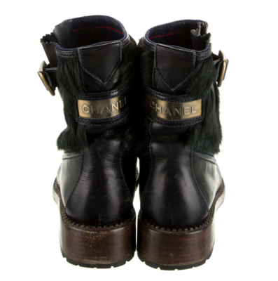 CHANEL PONY HAIR / LEATHER LOGO IS PLATE MOTORCYCLE BOOTS