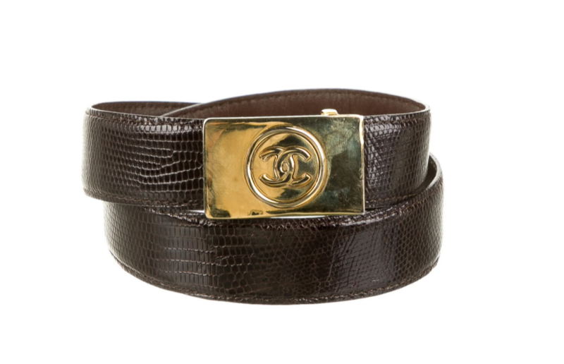 CHANEL VINTAGE BROWN LIZARD GOLD CC LOGO BELT
