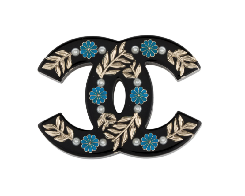 CHANEL LARGE CC FLORAL PEARL BROOCH PIN