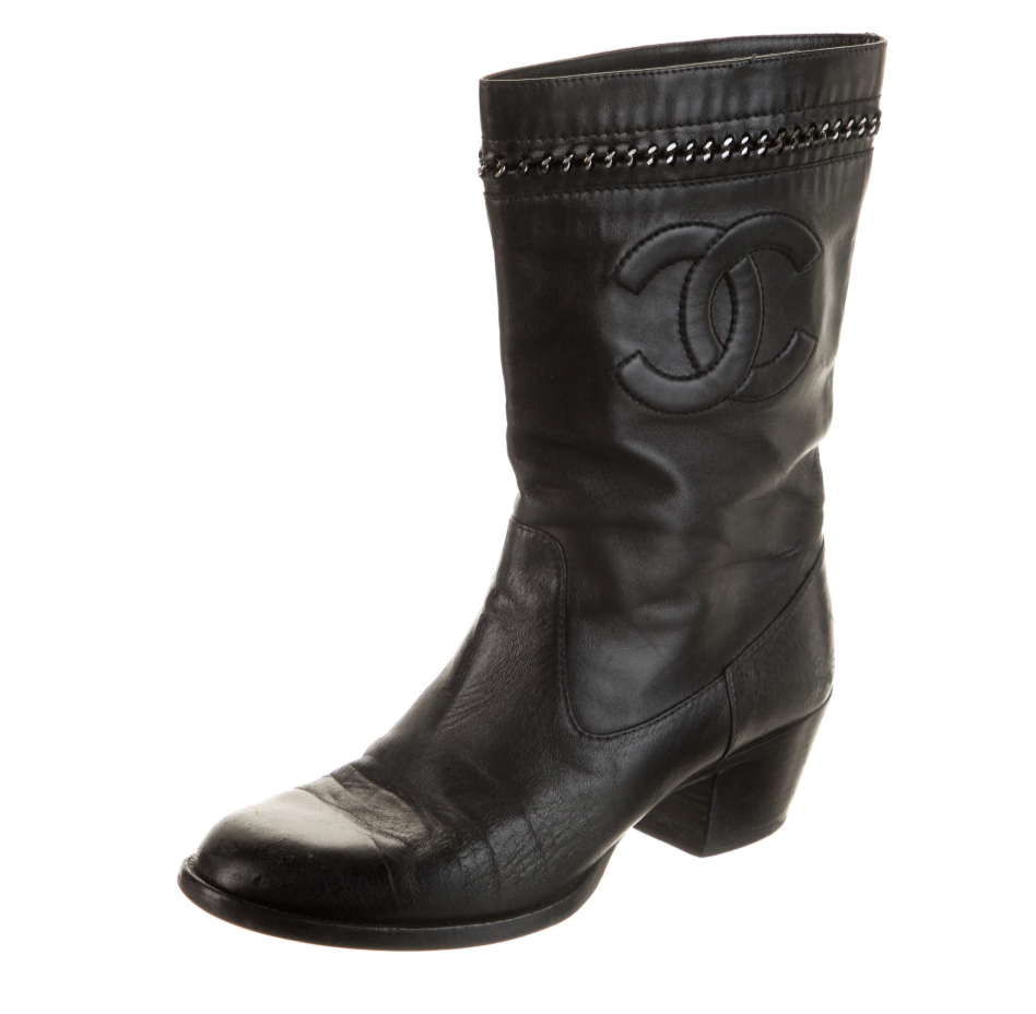 CHANEL CC LOGO CHAIN DETAIL BLACK LEATHER MOTORCYCLE RIDING WESTERN BOOTS IT 39.5