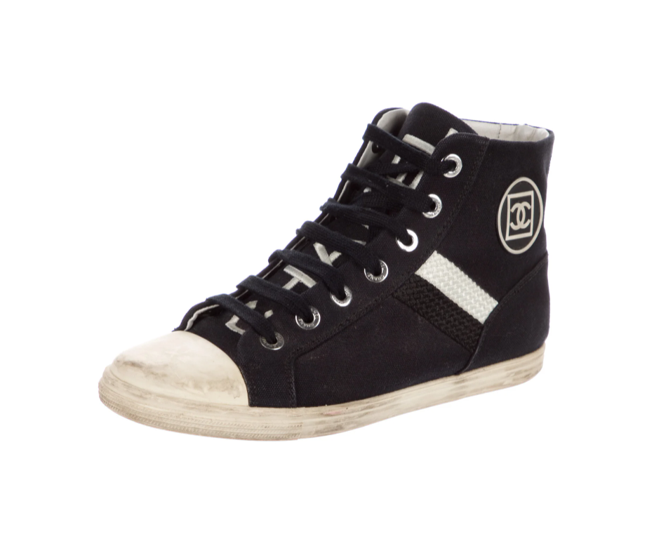 CHANEL LETTER LOGO CC VINTAGE BLACK HIGH TOP SNEAKERS IT 38.5