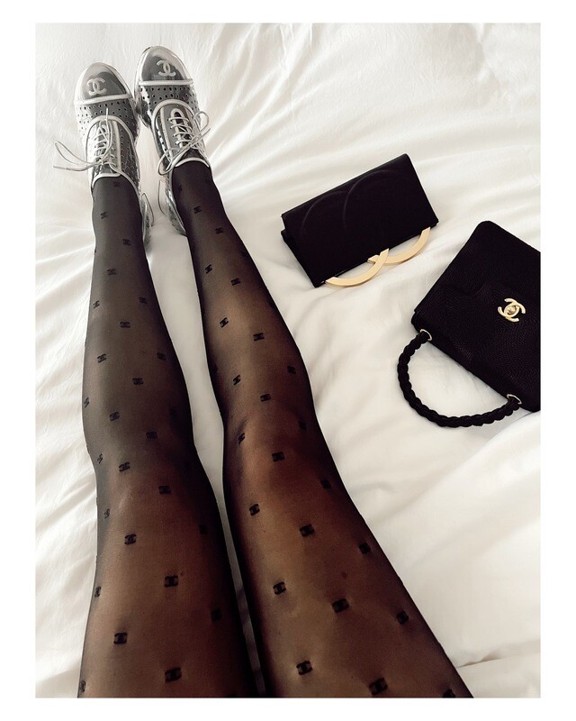 CHANEL CC LOGO BLACK PANTYHOSE TIGHTS