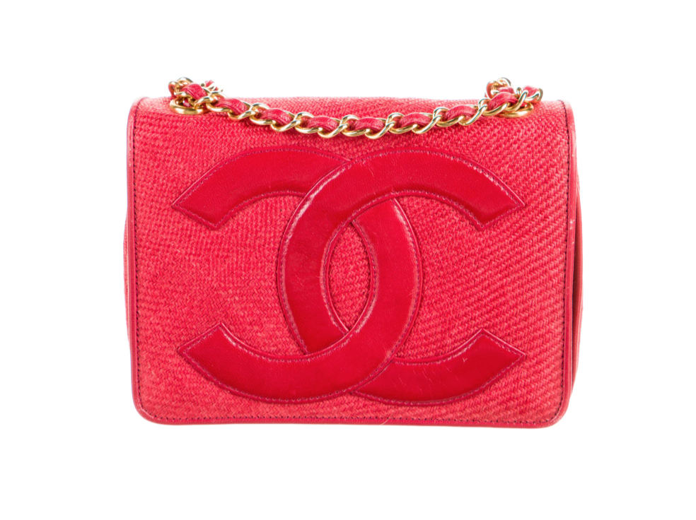 CHANEL VINTAGE CC RED RAFFIA STRAW LEATHER FLAP SHOULDER BAG