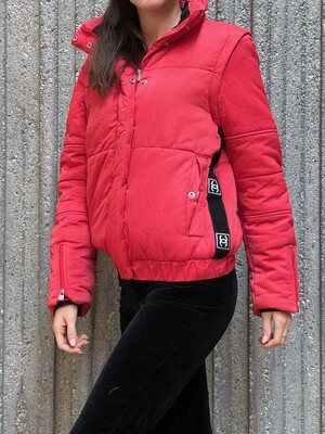 CHANEL CC LOGO RED SILK PUFFER COAT WITH EMBROIDERED DETAILING FR 38