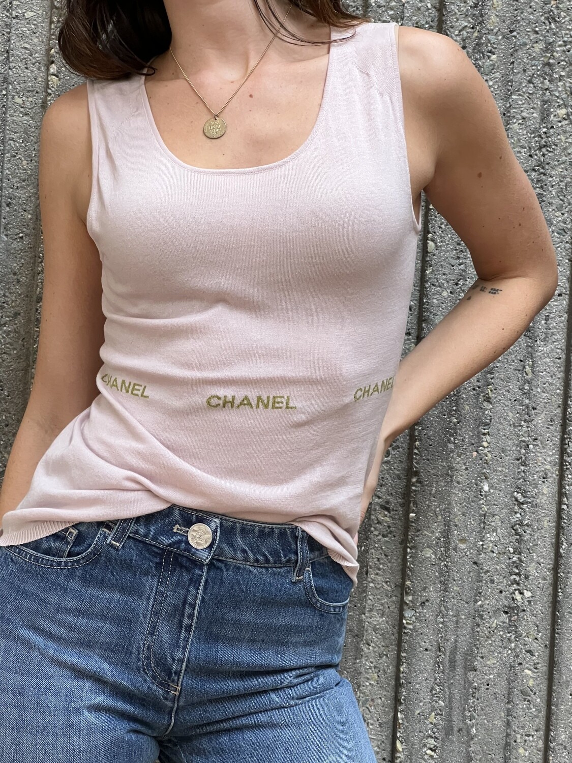 CHANEL LETTER LOGO 2004 / 04P PINK GREEN TANK TOP FR 40