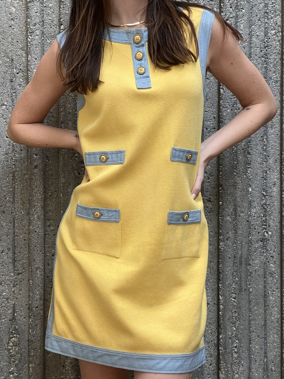 CHANEL 07P YELLOW DENIM CC LOGO DRESS FR 40