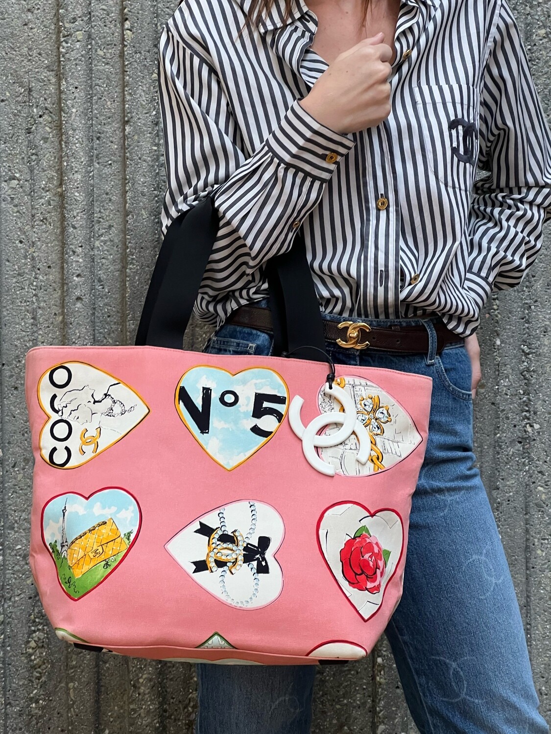 CHANEL CC COCO HEARTS VALENTINES PINK CANVAS TOTE BAG WITH HUGE CC CHARM