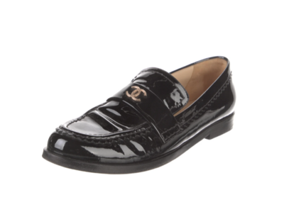 CHANEL VINTAGE CC LOGO BLACk PATENT LEATHER LOAFERS IT 40.5