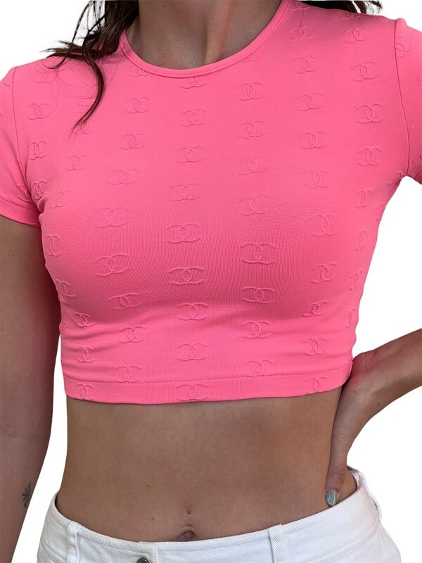 CHANEL VINTAGE 1997 PINK CC LOGO CROP TOP FR 34