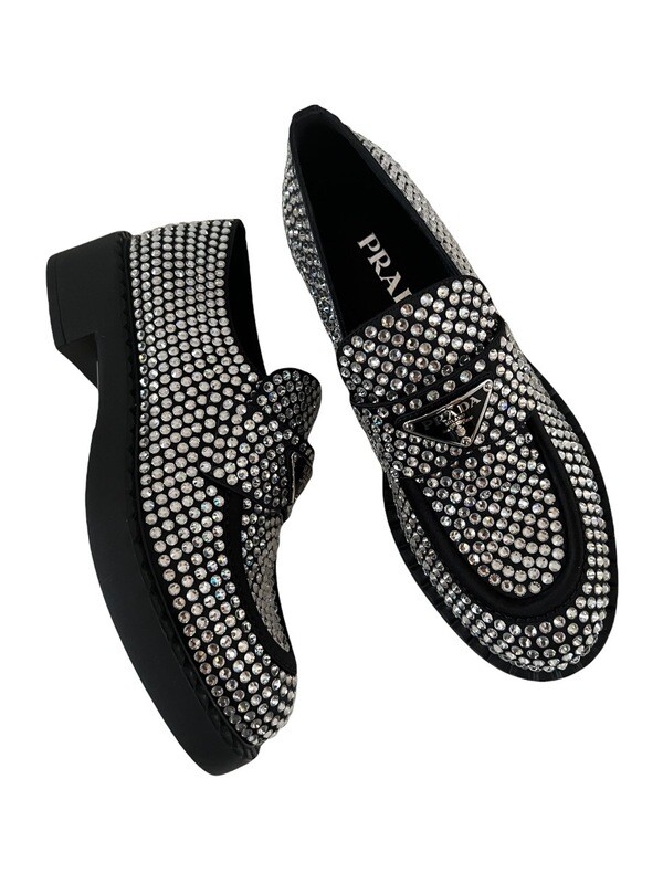 PRADA CRYSTAL EMBELLISHED LOGO LOAFER IT 37.5 - NEW W BOX