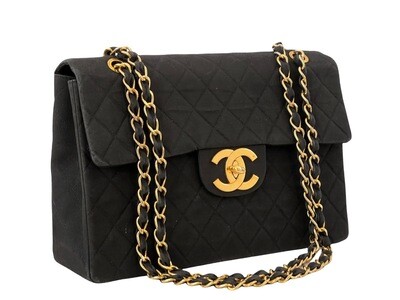 CHANEL BLACK QUILTED FABRIC MAXI JUMBO SINGLE FLAP BAG