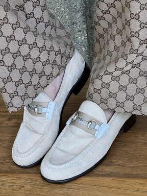 ​GUCCI GG MONOGRAM CREAM CANVAS AND LEATHER LOAFERS