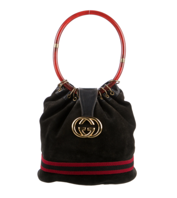 GUCCI VINTAGE RING HANDLE BLACK SUEDE LEATHER BUCKET BAG WITH WEBBING DETAIL