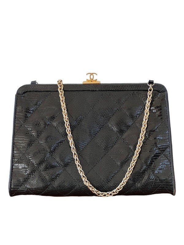 CHANEL VINTAGE BLACK QUILTED LIZARD FRAME EVENING BAG