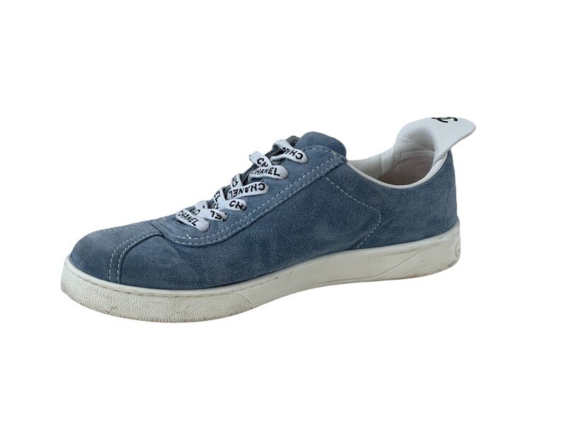 CHANEL LOGO BLUE SUEDE PLATFORM LACE UP SNEAKERS IT 39