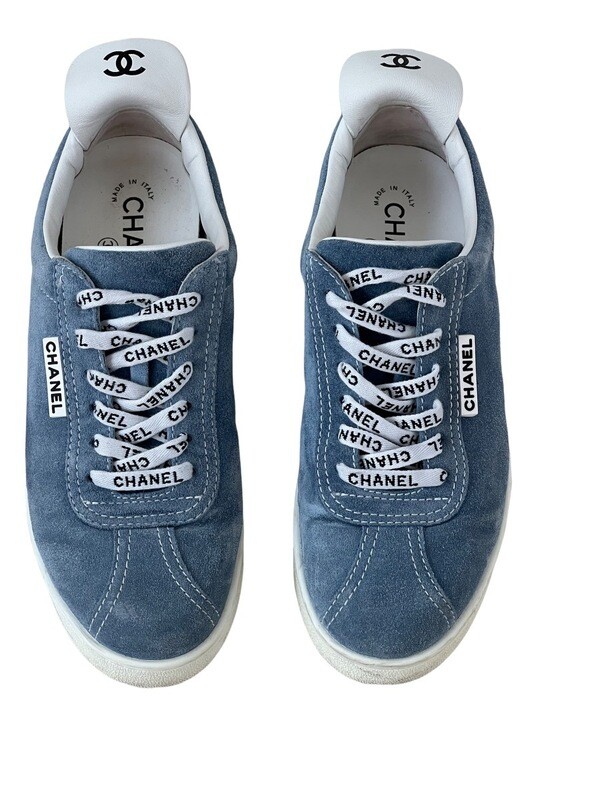 CHANEL LOGO BLUE SUEDE PLATFORM LACE UP SNEAKERS IT 39