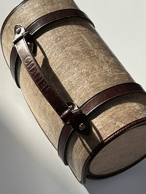 Vintage CHANEL Logo Linen & Leather Barrel Top Handle Buckle Bag Purse Clutch - Rare design
