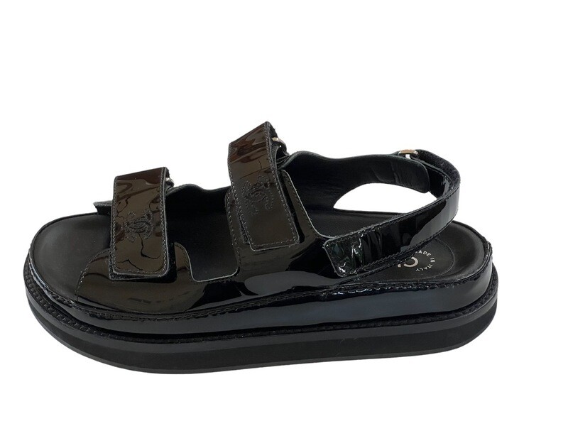 CHANEL CC LOGO BLACK PATENT DAD VELCRO SANDALS IT 38