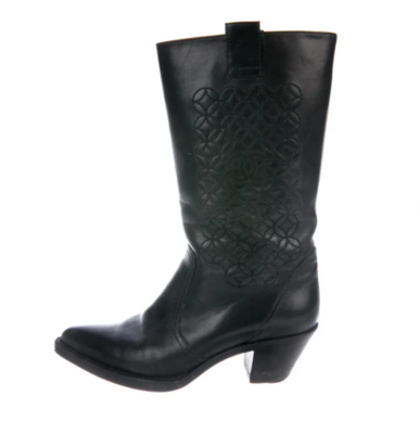 CHANEL CC EMBROIDERED COWBOY BOOTS BLACK LEATHER 38