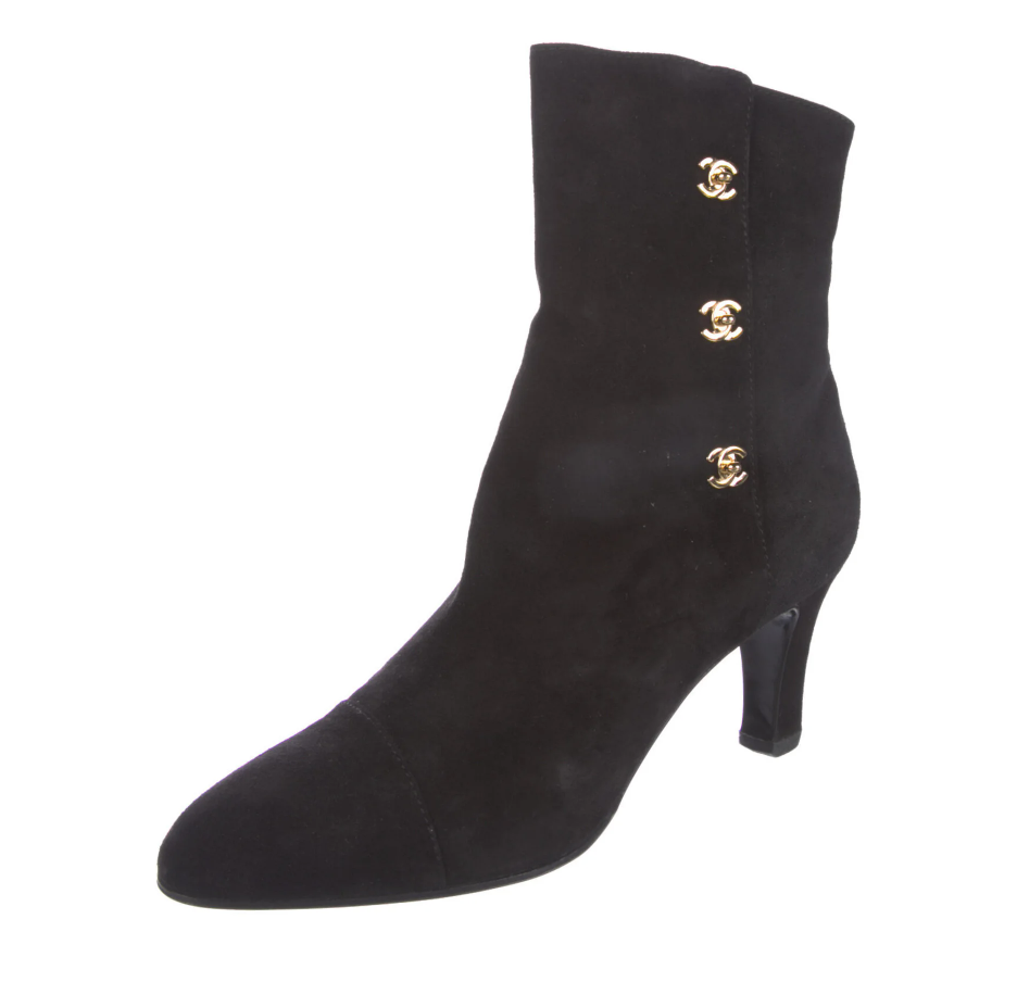 CHANEL VINTAGE BLACK SUEDE TURNLOCK BOOTS IT 38