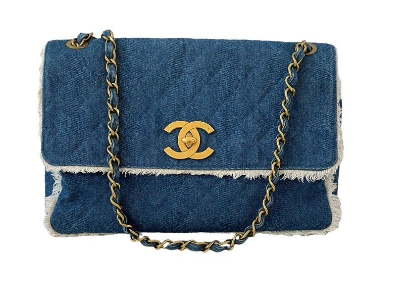 CHANEL VINTAGE FRINGE DENIM MAXI JUMBO SINGLE FLAP BAG