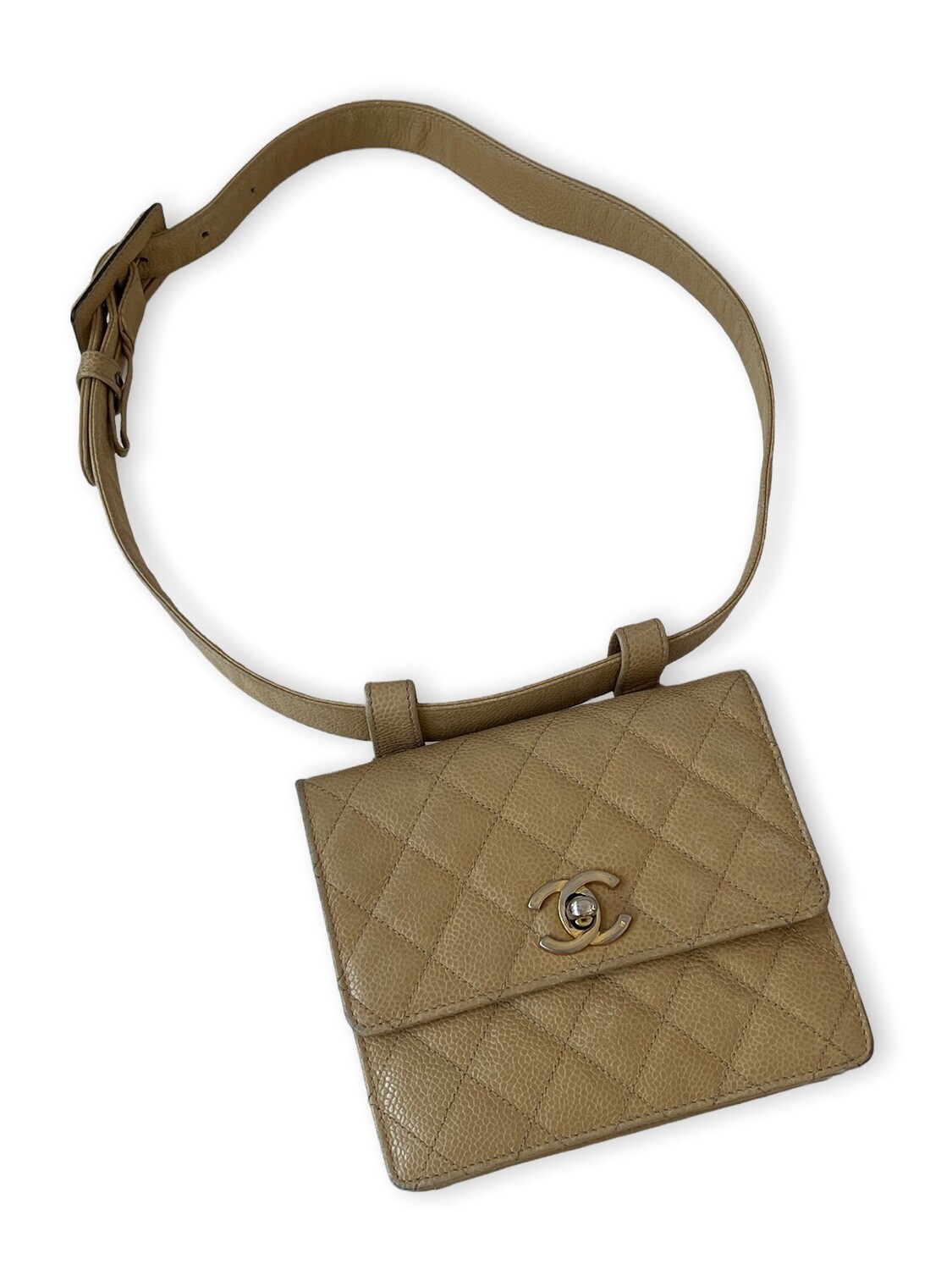 CHANEL VINTAGE BEIGE CAVIAR LEATHER MINI BAG WAIST BELT