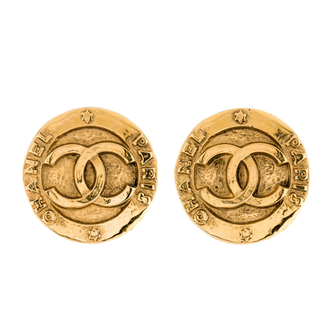 CHANEL VINTAGE LARGE ROUND CC LOGO CHANEL PARIS CLIP-ON EARRINGS
