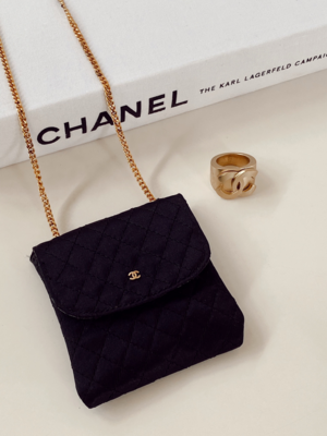 CHANEL CC LOGO BLACK QUILTED SATIN MINI MICRO BAG PURSE POUCH NECKLACE