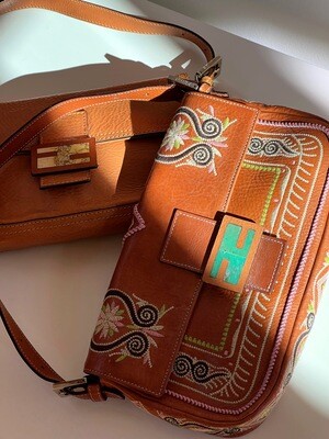 FENDI EMBROIDERED LEATHER BOHO BAGUETTE BAG WITH STONE INLAY