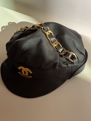 CHANEL VINTAGE FALL 1991 BLACK LEATHER CC NEWSBOY HAT