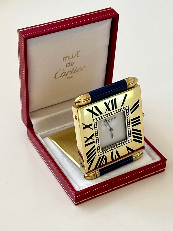 CARTIER PARIS VINTAGE ART DECO GOLD / NAVY TRAVEL WATCH CLOCK