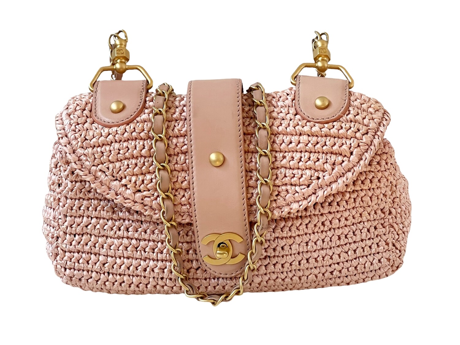 CHANEL PINK RAFFIA STRAW CC FLAP SHOULDER BAG
