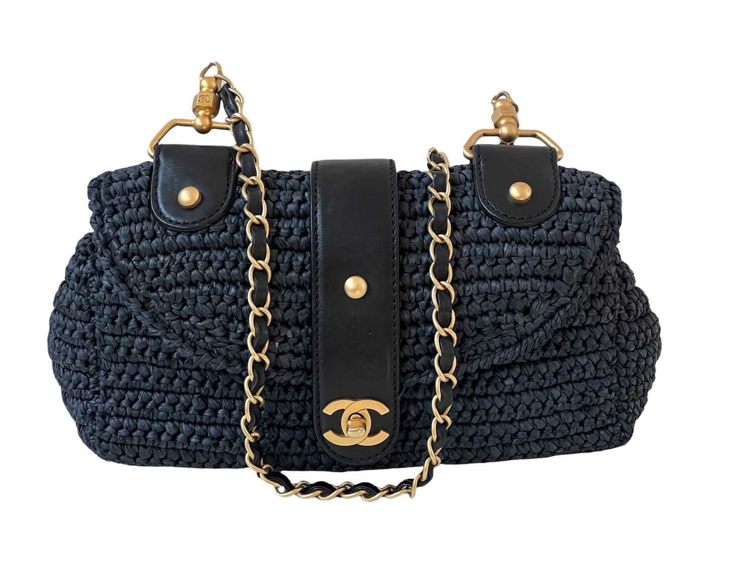 ​CHANEL NAVY RAFFIA STRAW CC FLAP SHOULDER BAG