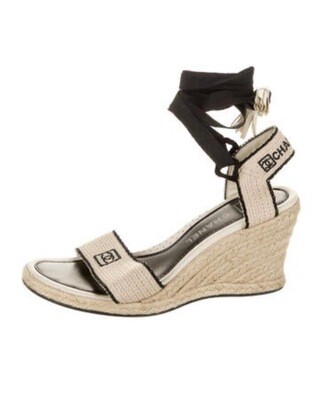 CHANEL CC LETTER LOGO ESPADRILLES WEDGE HEELS WITH WRAPS