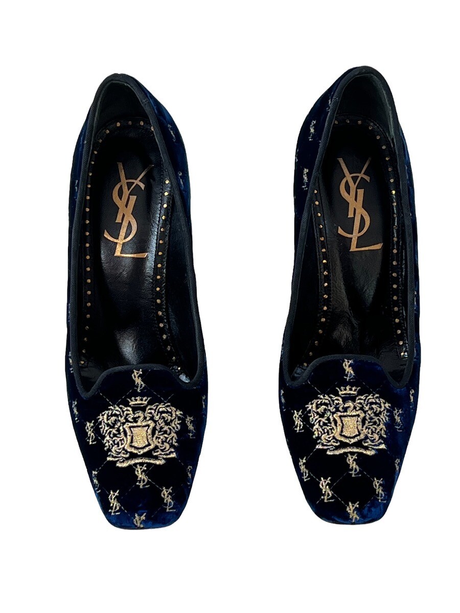 YVES SAINT LAURENT YSL BLUE GOLD VELVET PUMPS HEELS IT 38.5
