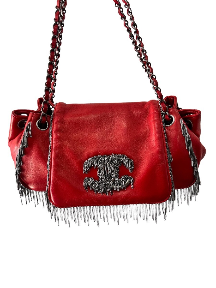 CHANEL CC CHAIN FRINGE ACCORDION RED LEATHER FLAP SHOULDER BAG