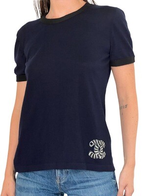CHANEL CC NAVY CASHMERE KNIT SHORT SLEEVE TOP FR 42
