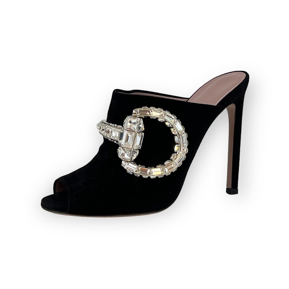 GUCCI CRYSTAL HORSEBIT BLACK SUEDE MULES HEELS IT 37.5 /  US 7.5
